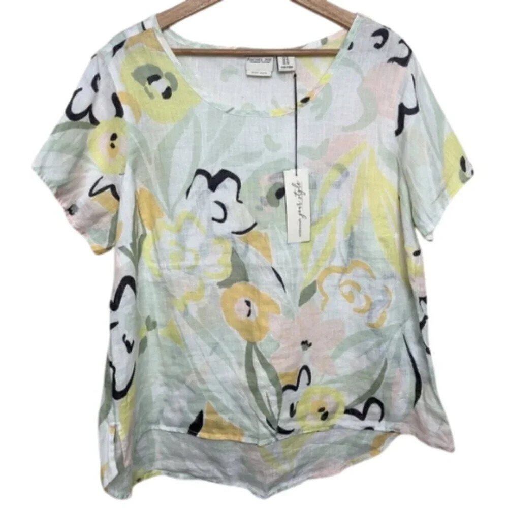 Rachel Zoe Womens 1X Linen Non Stretch Short Sleeve Floral Blouse
